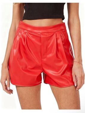 YinYangNi Red Faux Leather Pleated Women’s Shorts